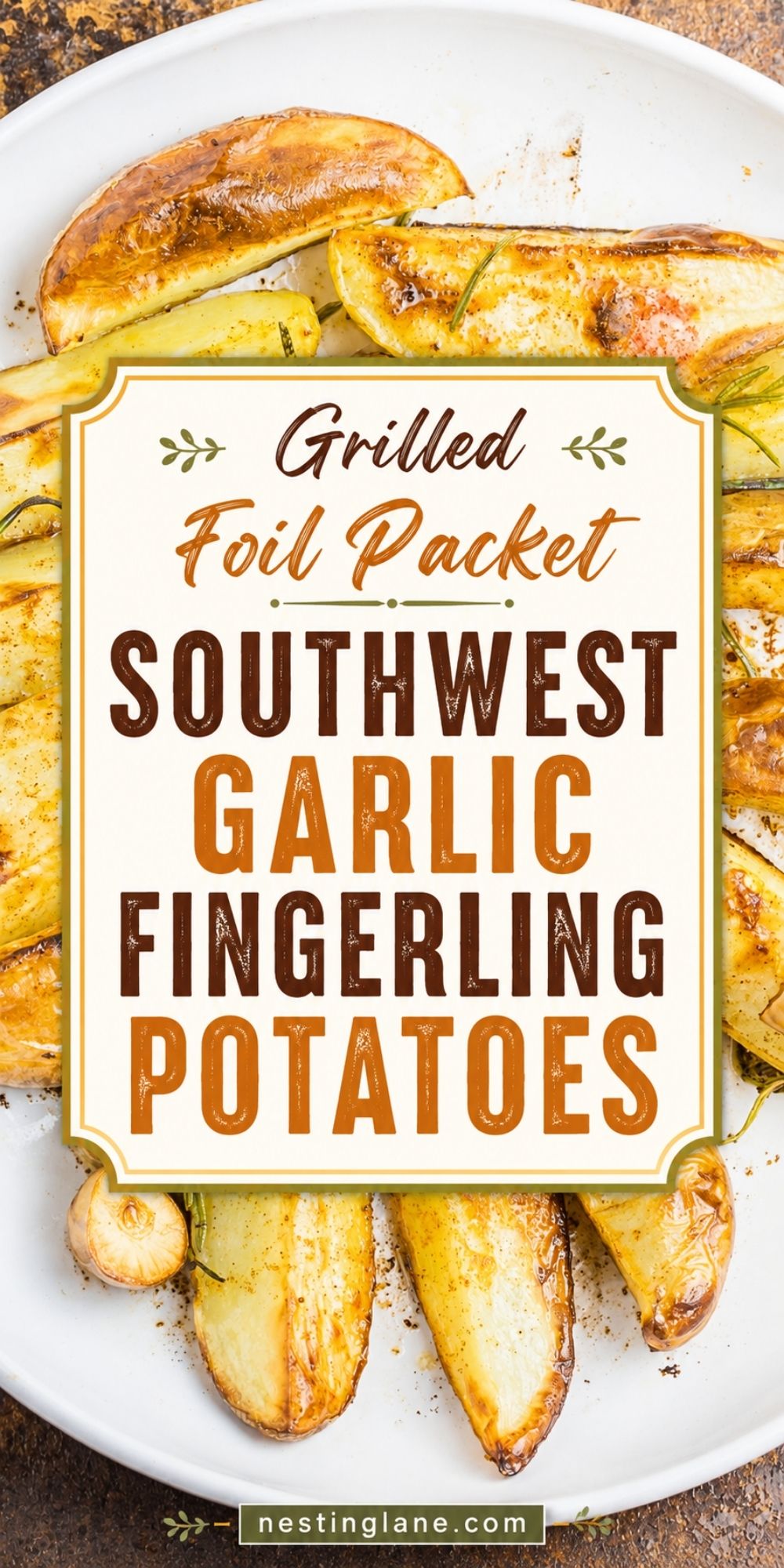 Grilled foil packet southwest garlic fingerling potatoes with golden roasted potato wedges, garlic, herbs, and seasoning on a white plate. Text reads: “Grilled Foil Packet Southwest Garlic Fingerling Potatoes” and “nestinglane.com.”