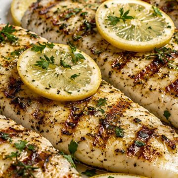 Grilled lemon herb white fish fillets topped with fresh lemon slices, parsley, black pepper, and golden grill marks on a white platter.