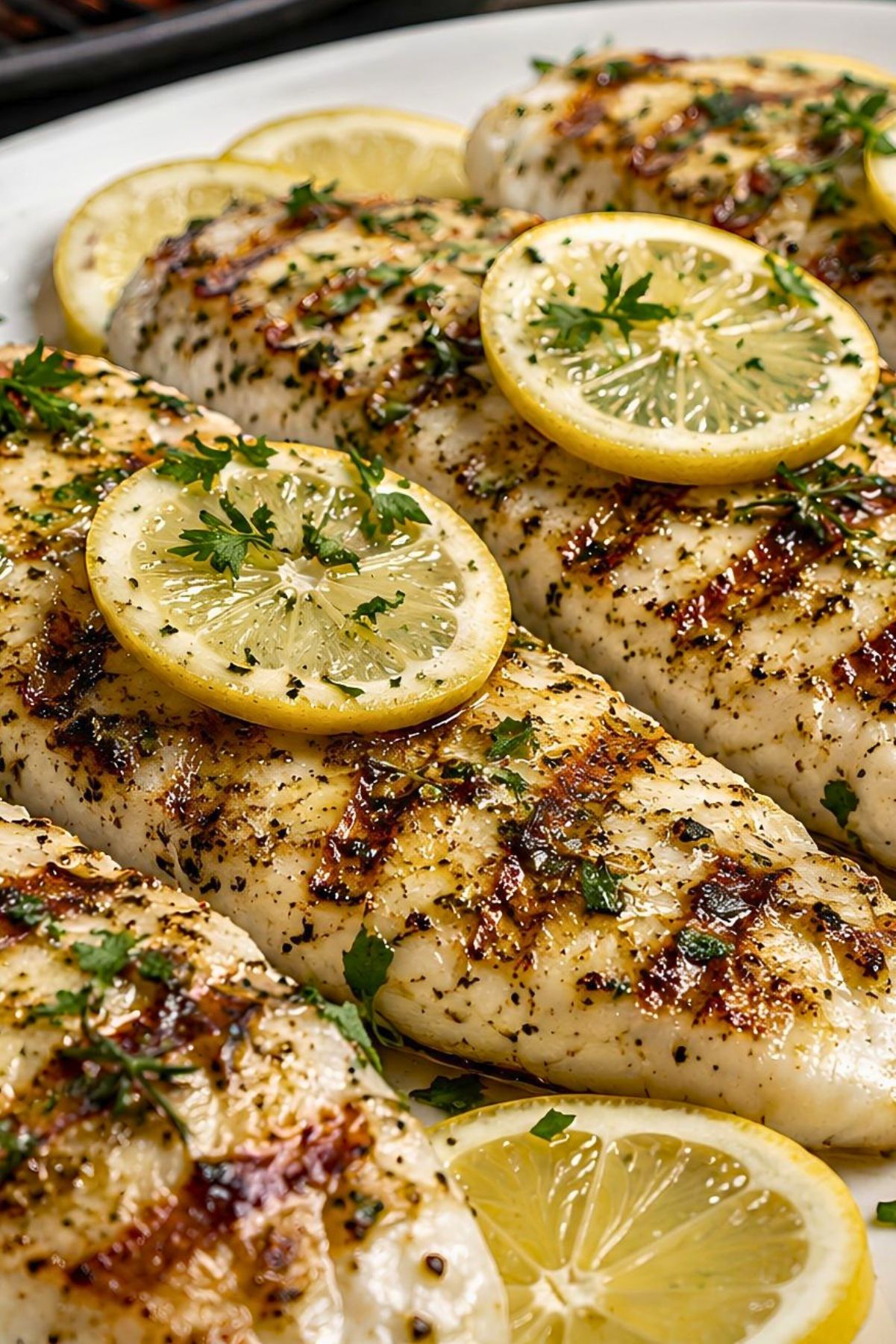 Grilled lemon herb white fish fillets topped with fresh lemon slices, parsley, black pepper, and golden grill marks on a white platter.
