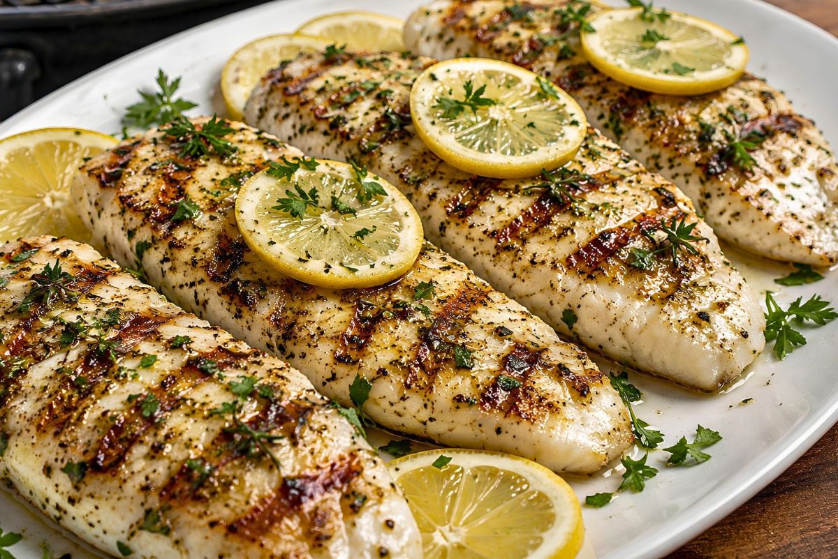 Grilled lemon herb white fish fillets with golden grill marks, fresh parsley, black pepper, and lemon slices, served on a white platter near a grill.