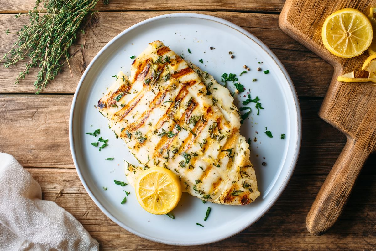 Grilled lemon herb white fish fillets with golden grill marks, fresh herbs, and lemon slices on a white plate beside a wooden cutting board.