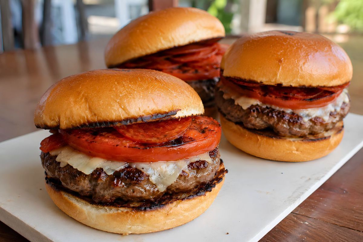 Three grilled pepperoni pizza burgers on toasted buns with beef patties, melted cheese, grilled tomato slices, and turkey pepperoni, served on a white board on a wooden table.