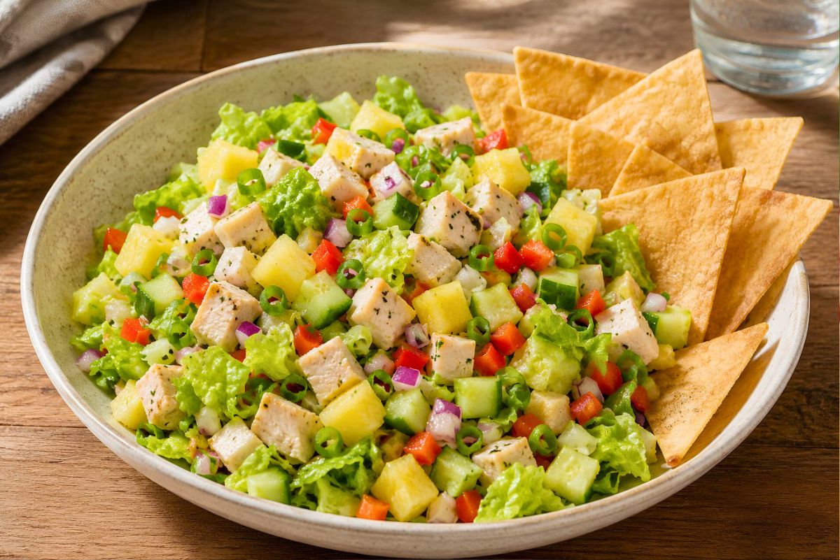 Hawaiian chicken chopped salad with diced chicken, pineapple, cucumber, red bell pepper, red onion, green onion, romaine lettuce, and crispy wonton chips in a shallow bowl on a wooden table.