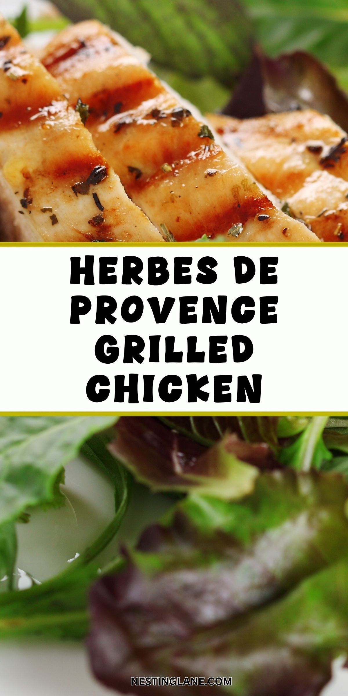 Herbes de Provence Grilled Chicken on Mixed Greens graphic.