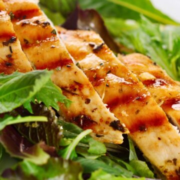 Sliced grilled chicken with visible grill marks and herb seasoning served over fresh mixed greens for a simple grilled chicken salad.