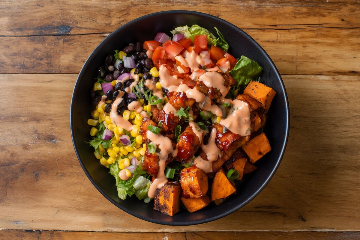 High-protein BBQ chicken sweet potato bowl with roasted sweet potatoes, black beans, corn, tomatoes, lettuce, red onion, and creamy sauce.