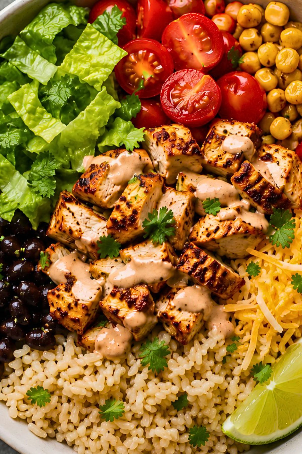 High protein chicken burrito bowl with grilled chicken, rice, black beans, corn, romaine lettuce, cherry tomatoes, shredded cheese, cilantro, lime, and creamy sauce.