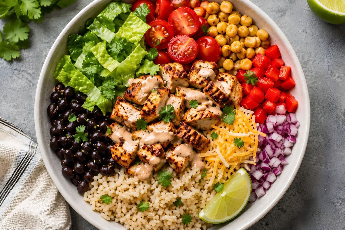 High protein chicken burrito bowl with grilled chicken, rice, black beans, corn, romaine lettuce, cherry tomatoes, red bell pepper, red onion, shredded cheese, cilantro, lime, and creamy sauce.