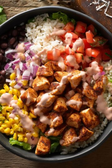 Close-up of a high-protein chicken burrito bowl with grilled chicken, rice, black beans, corn, diced tomatoes, red onion, and creamy dressing.