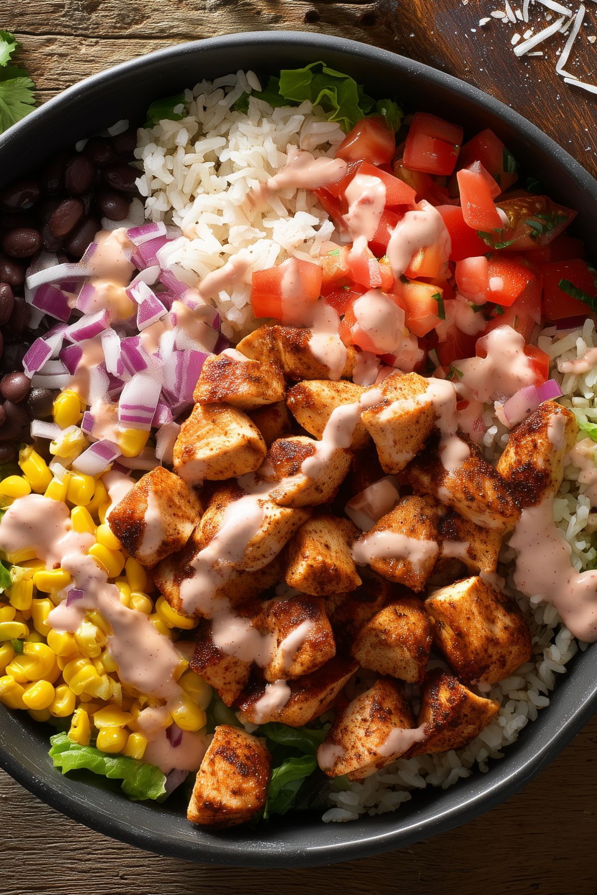 Close-up of a high-protein chicken burrito bowl with grilled chicken, rice, black beans, corn, diced tomatoes, red onion, and creamy dressing.