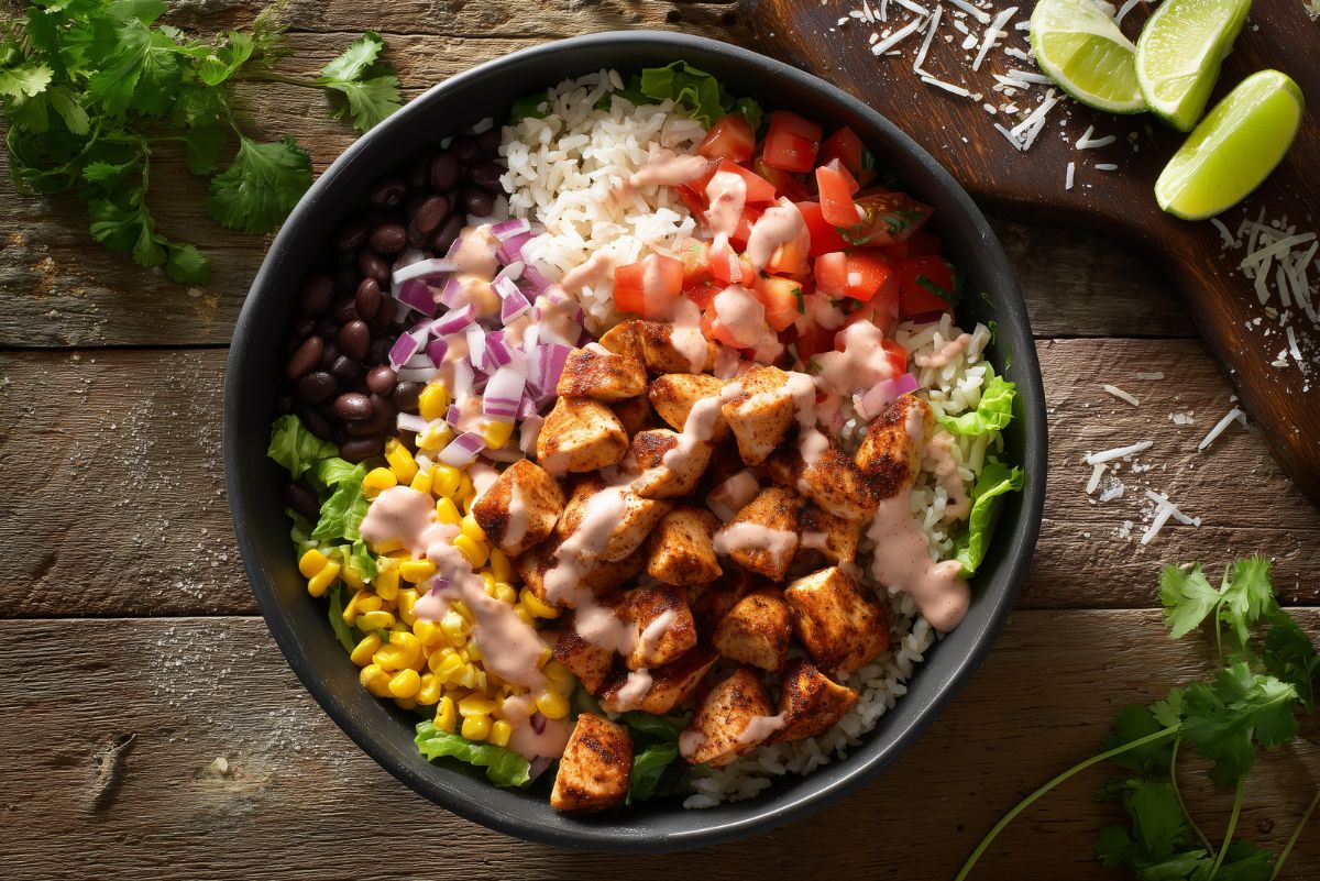 High-protein chicken burrito bowl with seasoned chicken, rice, black beans, corn, tomatoes, red onion, lettuce, and creamy sauce.