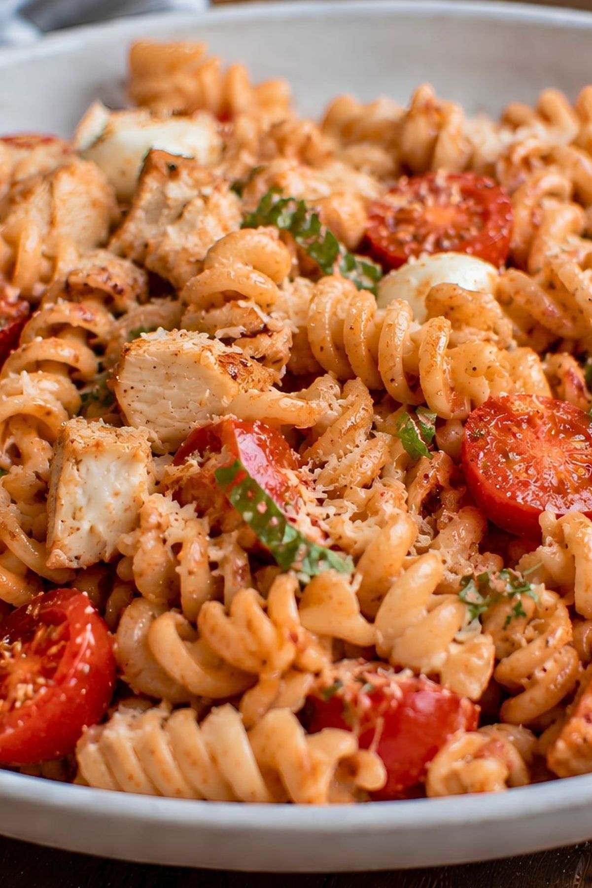 High protein chicken Parmesan pasta salad with rotini, diced chicken breast, cherry tomatoes, mozzarella, basil, marinara sauce, and grated Parmesan in a white bowl.