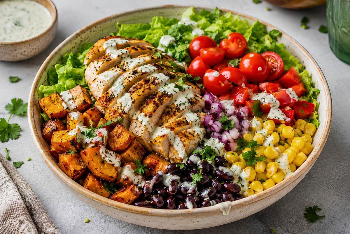 High protein chicken sweet potato bowl with sliced grilled chicken, roasted sweet potatoes, black beans, corn, cherry tomatoes, red onion, romaine lettuce, cilantro, and creamy herb dressing in a large bowl.