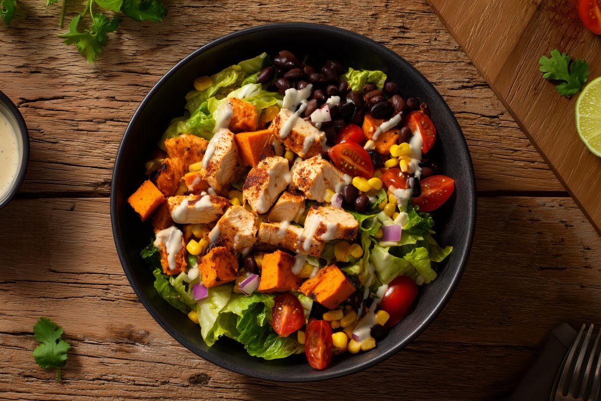Chicken sweet potato protein bowl with black beans, corn, tomatoes, lettuce, red onion, and creamy dressing on a rustic wooden table.