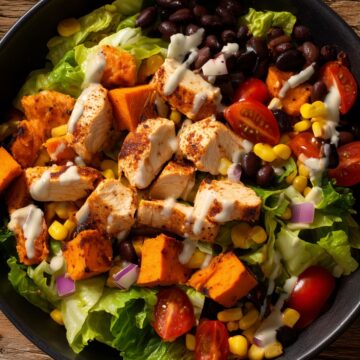 High-protein chicken sweet potato bowl with roasted sweet potatoes, seasoned chicken, black beans, corn, cherry tomatoes, lettuce, red onion, and creamy dressing.