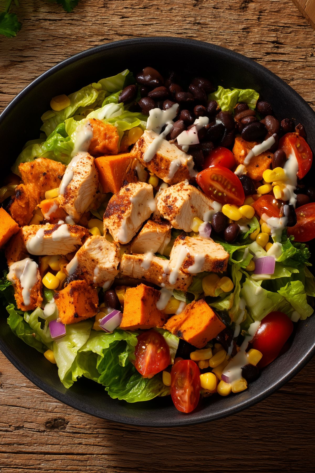 High-protein chicken sweet potato bowl with roasted sweet potatoes, seasoned chicken, black beans, corn, cherry tomatoes, lettuce, red onion, and creamy dressing.