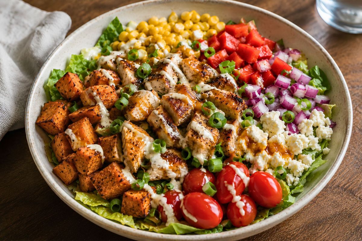 High protein hot honey chicken sweet potato bowl with grilled chicken, roasted sweet potatoes, corn, cherry tomatoes, red bell pepper, red onion, feta, green onions, romaine, and creamy sauce.