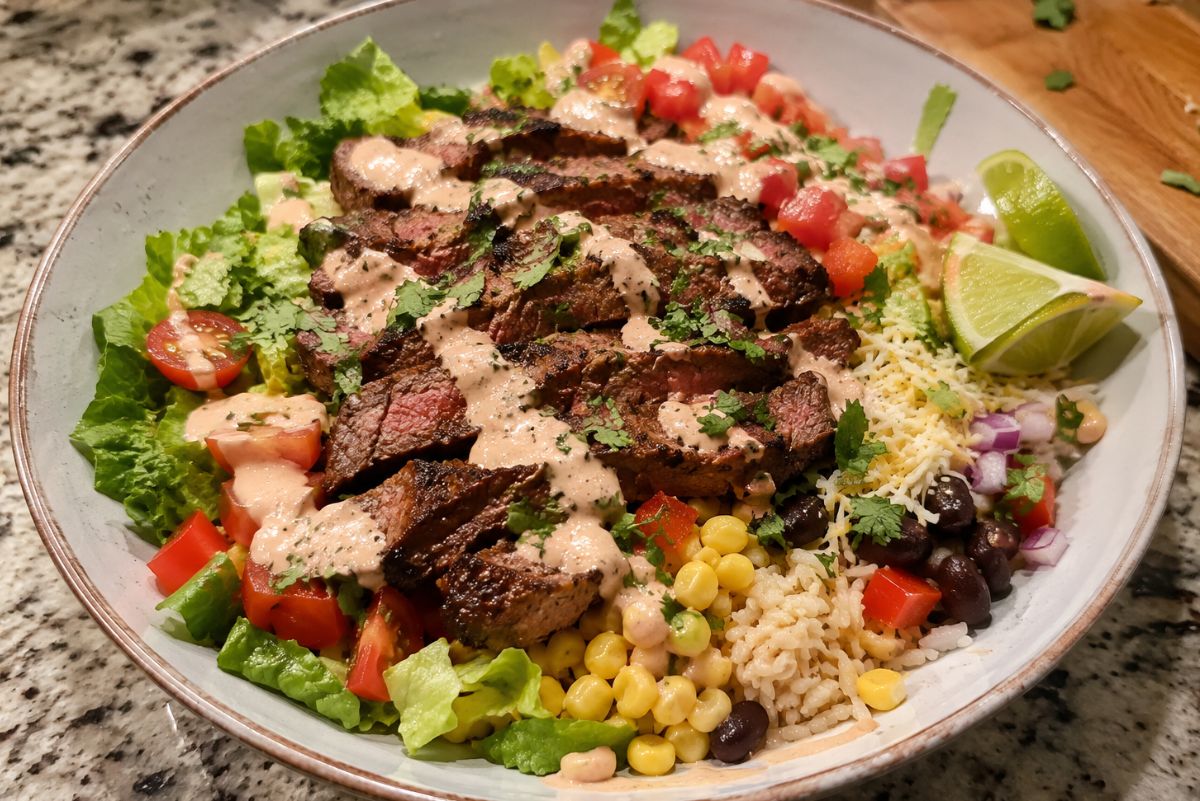 Steak burrito bowl with grilled sliced steak, brown rice, black beans, corn, lettuce, tomatoes, cheese, red onion, cilantro, lime wedges, and creamy sauce in a shallow bowl.