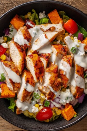 Close-up of a high-protein hot honey chicken sweet potato bowl with sliced chicken breast, roasted sweet potatoes, corn, tomatoes, lettuce, red onion, crumbled cheese, and creamy dressing.