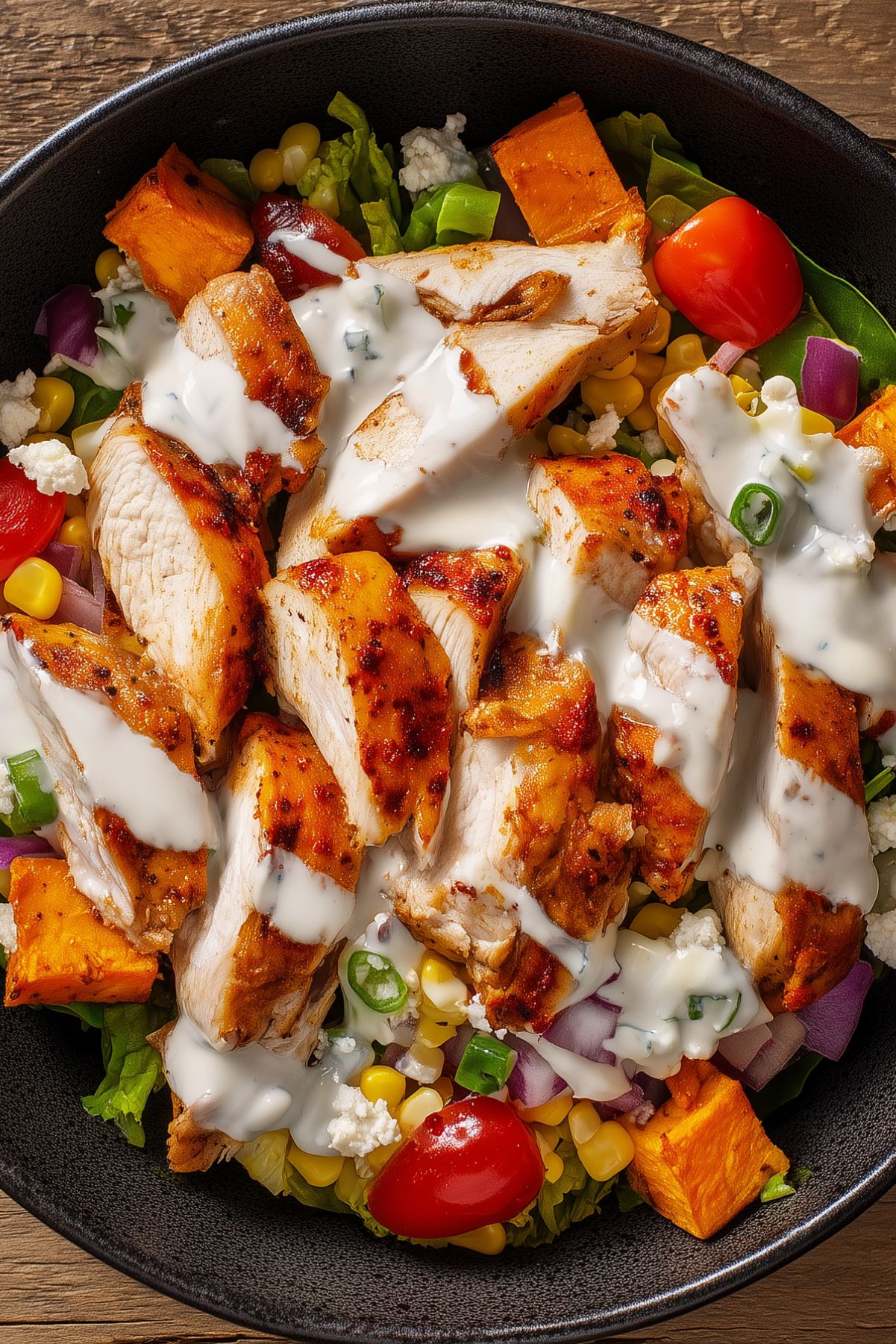 Close-up of a high-protein hot honey chicken sweet potato bowl with sliced chicken breast, roasted sweet potatoes, corn, tomatoes, lettuce, red onion, crumbled cheese, and creamy dressing.