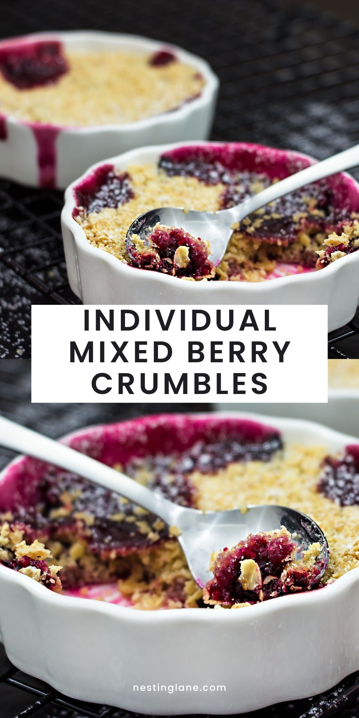 Individual mixed berry crumbles in white ramekins with golden oat topping and dark berry filling, served with spoons on a black cooling rack. Text reads “INDIVIDUAL MIXED BERRY CRUMBLES” and “nestinglane.com.”