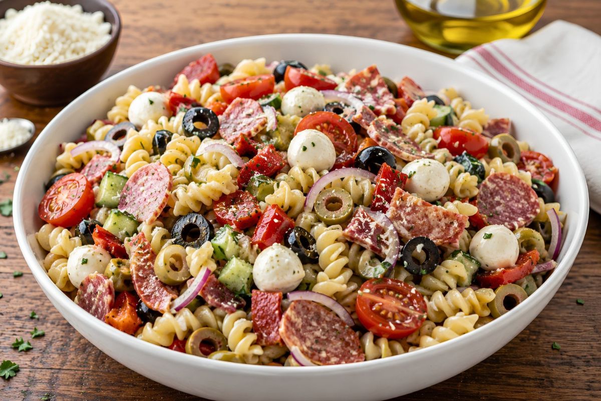 Italian antipasto pasta salad with rotini, salami, mozzarella balls, cherry tomatoes, cucumber, red onion, black and green olives, red peppers, herbs, and dressing in a large white bowl.