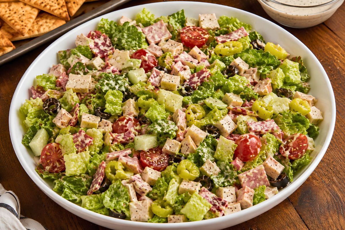 Italian grinder chopped salad with romaine lettuce, deli meat, provolone cubes, cucumber, cherry tomatoes, banana peppers, black olives, and creamy dressing in a white bowl, with garlic pita chips and extra dressing on the side.