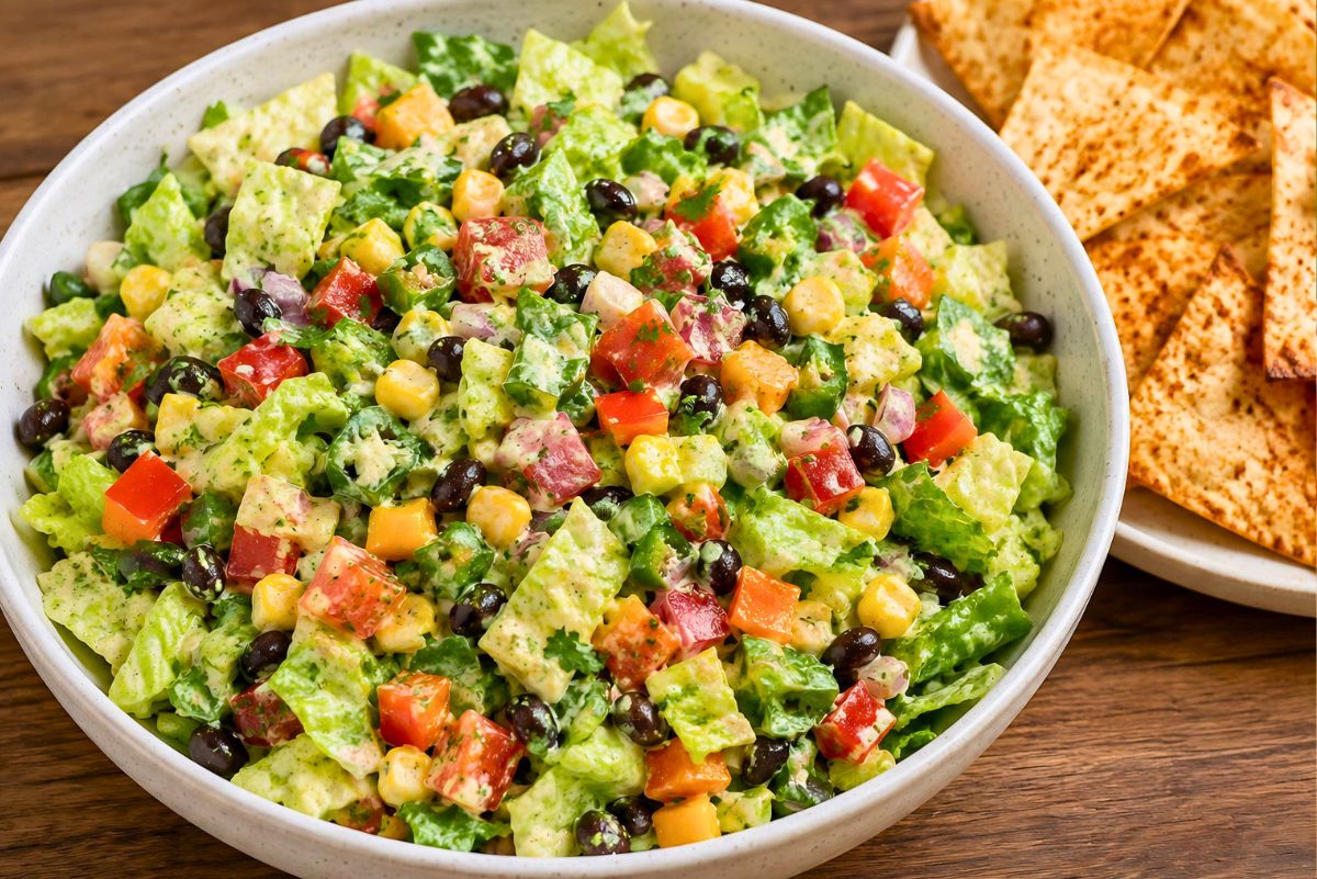 Southwest chopped salad in a white bowl with romaine, black beans, corn, tomatoes, bell peppers, jalapeños, red onion, cilantro, and creamy salsa ranch dressing, served with baked tortilla chips on the side.