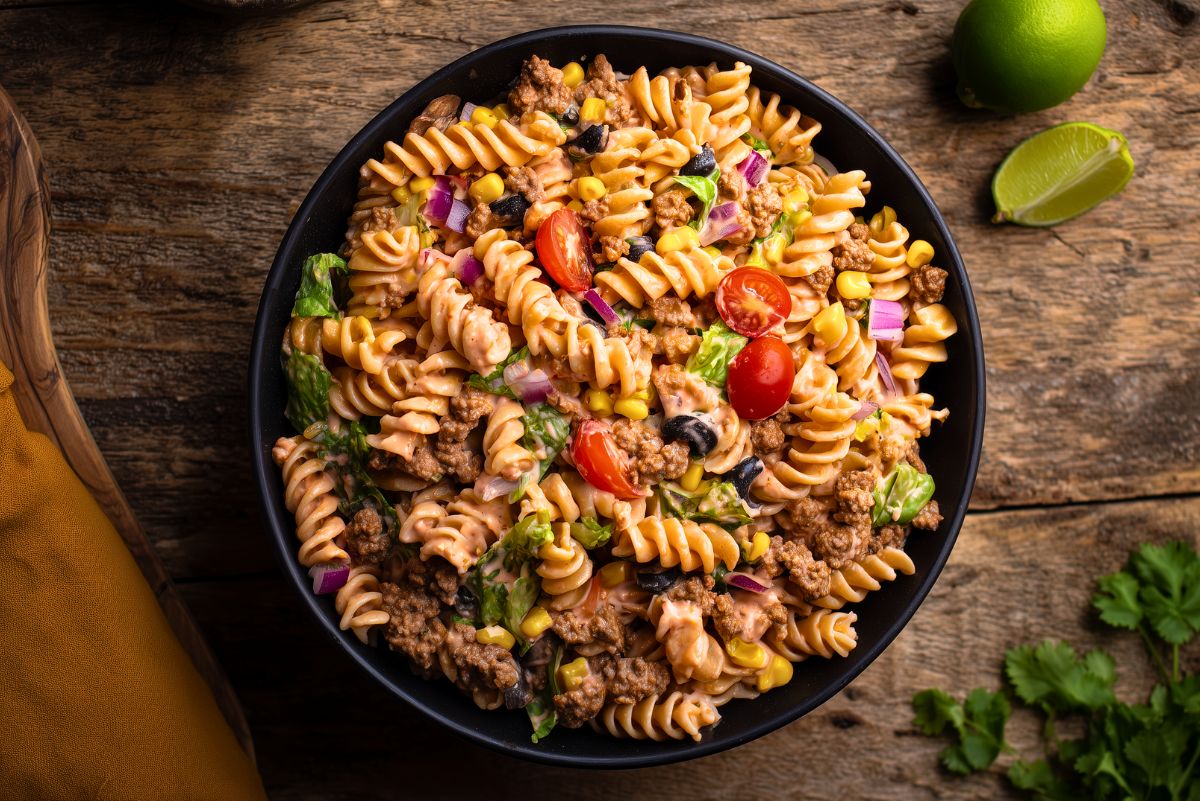 Southwest taco pasta salad with rotini, seasoned ground beef, corn, cherry tomatoes, black olives, red onion, lettuce, and creamy dressing.