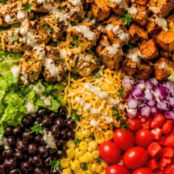 High protein taco chicken sweet potato bowl with grilled chicken, roasted sweet potatoes, romaine lettuce, black beans, corn, shredded cheese, red onion, cherry tomatoes, red bell pepper, cilantro, and creamy dressing.