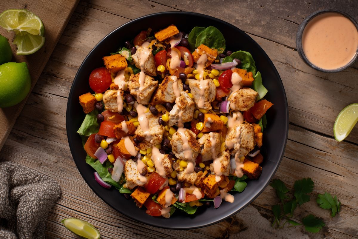 Taco chicken sweet potato bowl with seasoned chicken, roasted sweet potatoes, black beans, corn, tomatoes, red onion, lettuce, and creamy sauce.