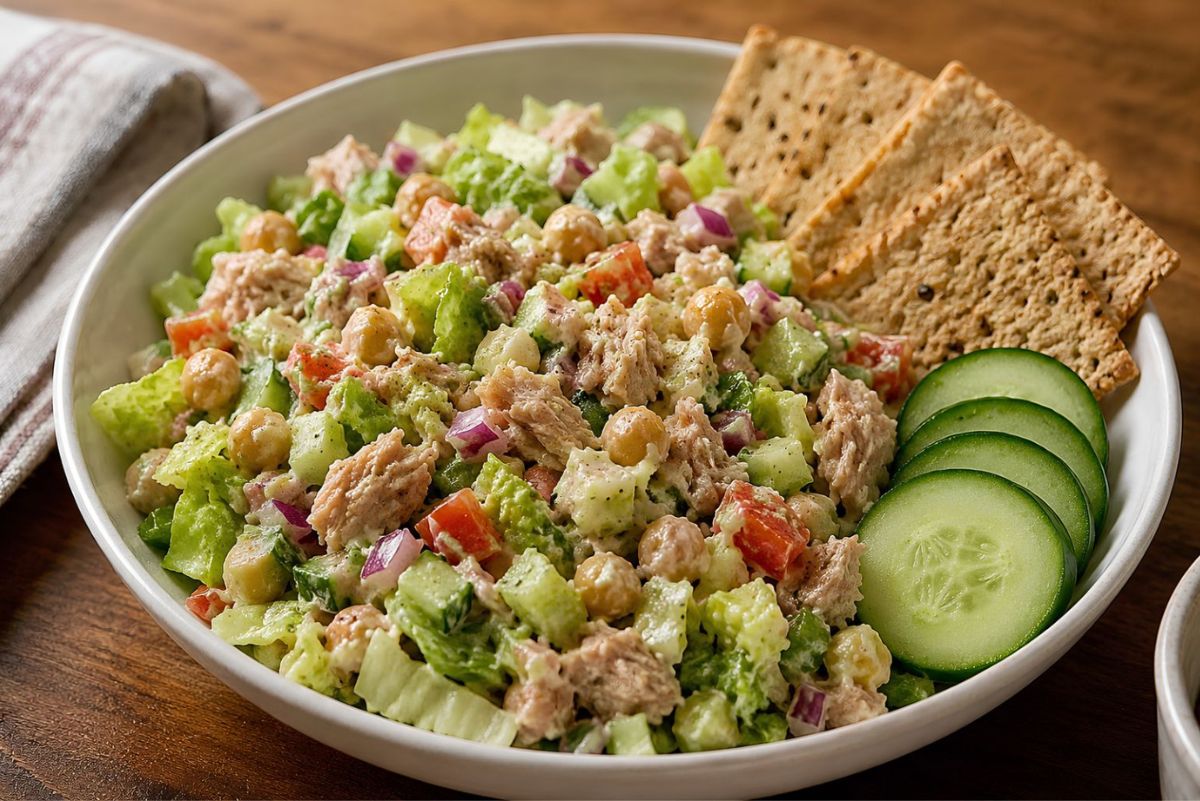 Tuna chopped salad with chickpeas, romaine lettuce, cucumber, red onion, tomato, and creamy dressing in a white bowl, served with cucumber slices and crisp crackers on a wooden table.