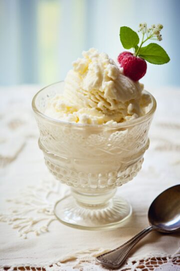 Vanilla frozen yogurt scooped into a vintage glass dessert cup, topped with a fresh raspberry, green leaves, and tiny white flowers. A silver spoon rests on a white lace tablecloth beside the creamy frozen dessert.