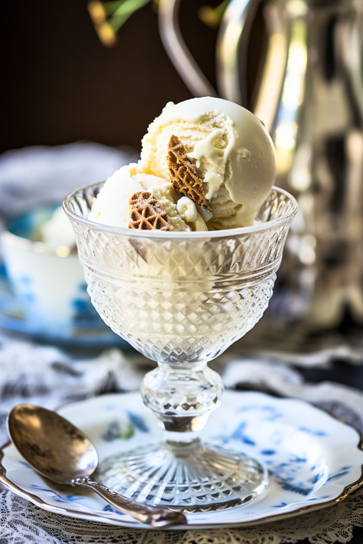Vanilla frozen yogurt scoops served in a cut glass dessert cup with pieces of cookie on top. The glass sits on a blue and white china plate with a silver spoon, lace tablecloth, and blurred ice cream maker in the background.