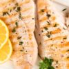 Grilled Lemon Herb White Fish Fillets on a white background.