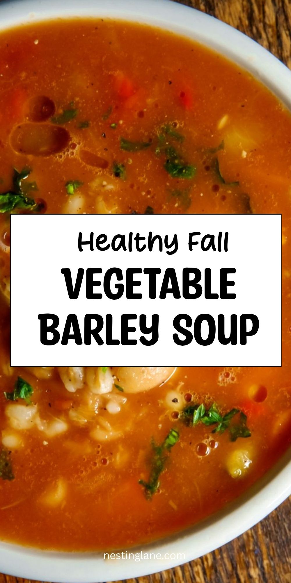 Vegetable barley soup with beans, barley, vegetables, and chopped herbs in a tomato broth. Text reads “Healthy Fall Vegetable Barley Soup” and “nestinglane.com.”