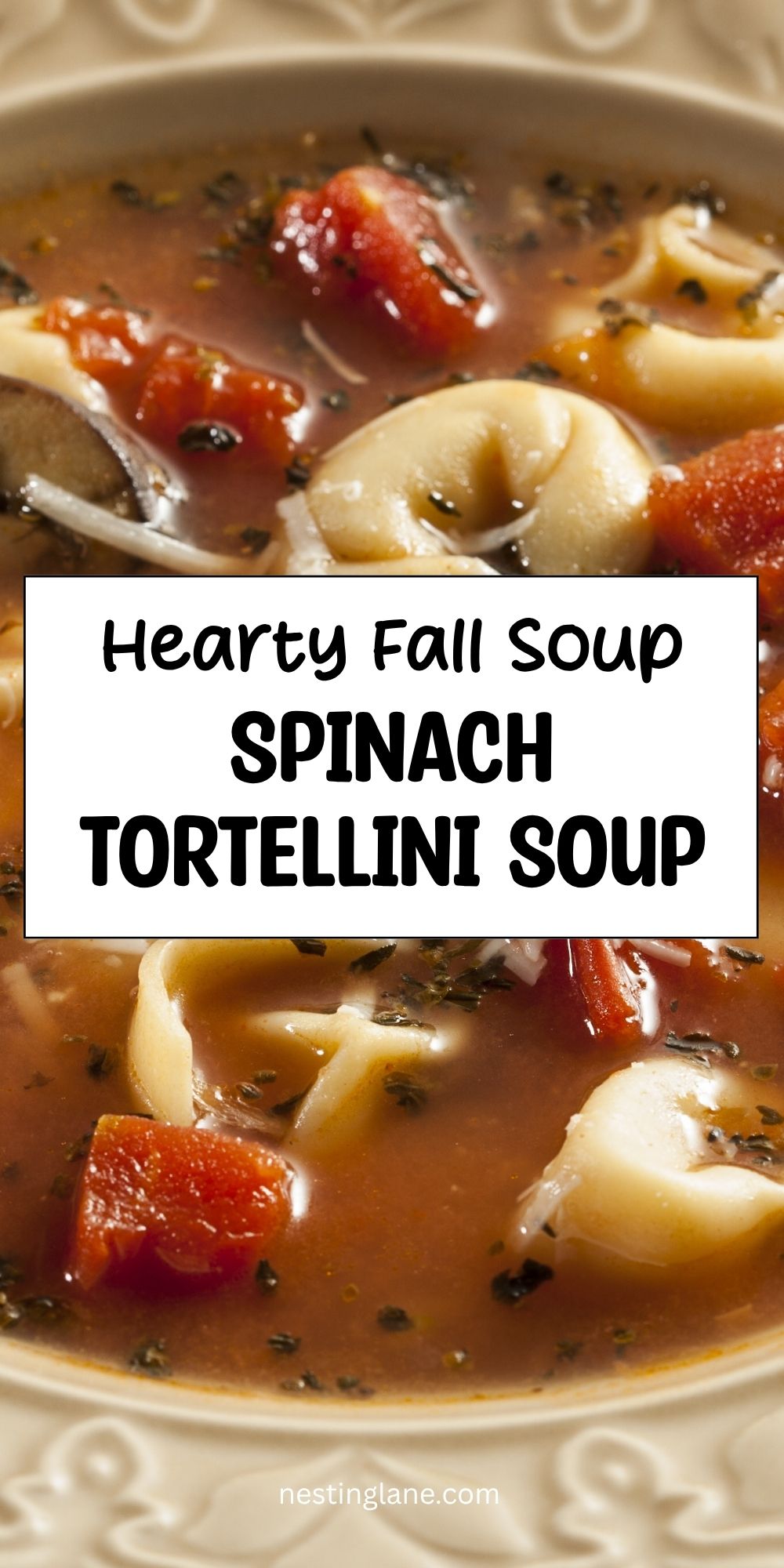Spinach tortellini soup with cheese tortellini, tomatoes, herbs, and broth in a cream bowl. Text reads “Hearty Fall Soup Spinach Tortellini Soup” and “nestinglane.com.”
