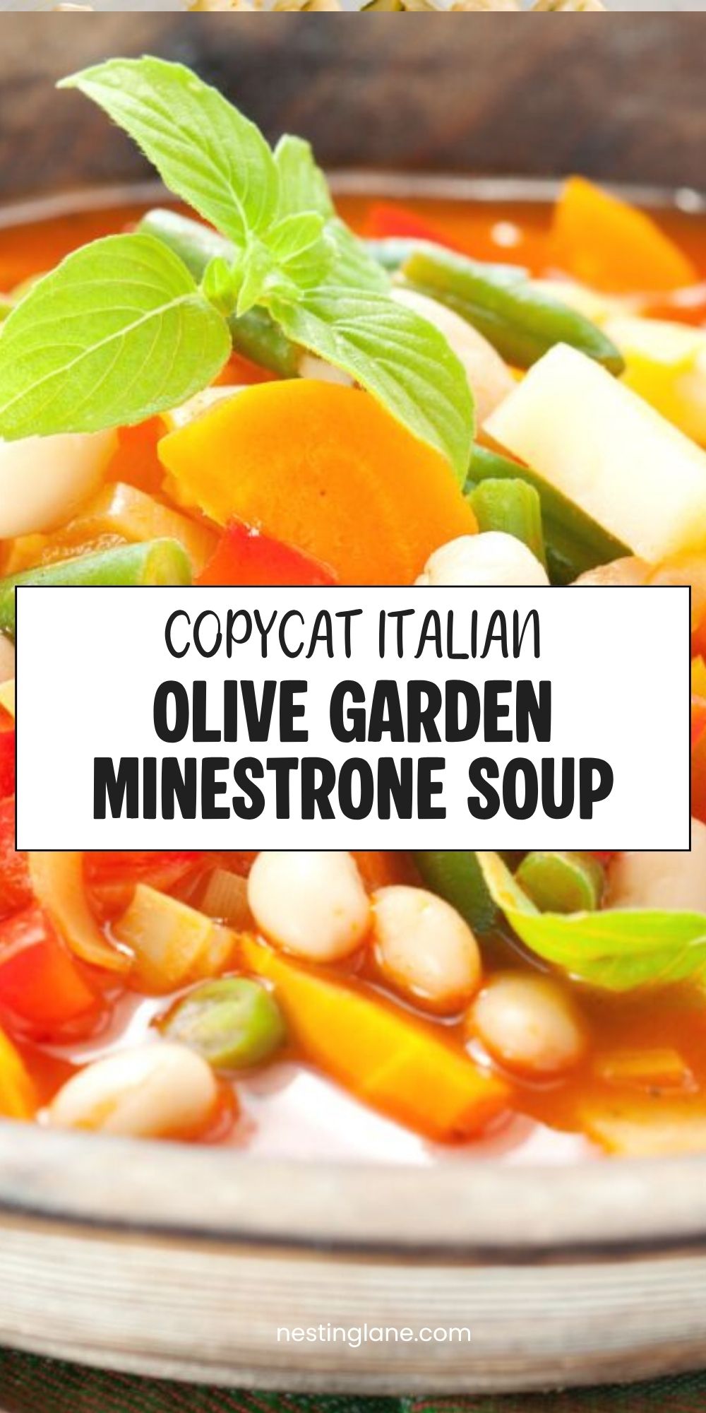 Copycat Olive Garden minestrone soup with white beans, carrots, green beans, tomatoes, and basil in a red broth. Text reads “Copycat Italian Olive Garden Minestrone Soup” and “nestinglane.com.”