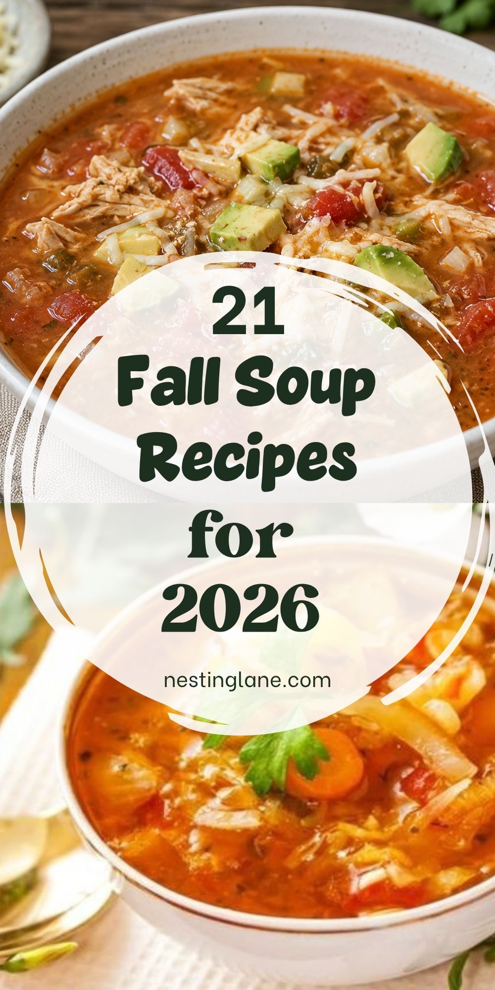Two bowls of hearty fall soup, one with shredded chicken, tomatoes, avocado, and cheese, and one with cabbage, carrots, tomatoes, and parsley. Text reads “21 Fall Soup Recipes for 2026” and “nestinglane.com.”