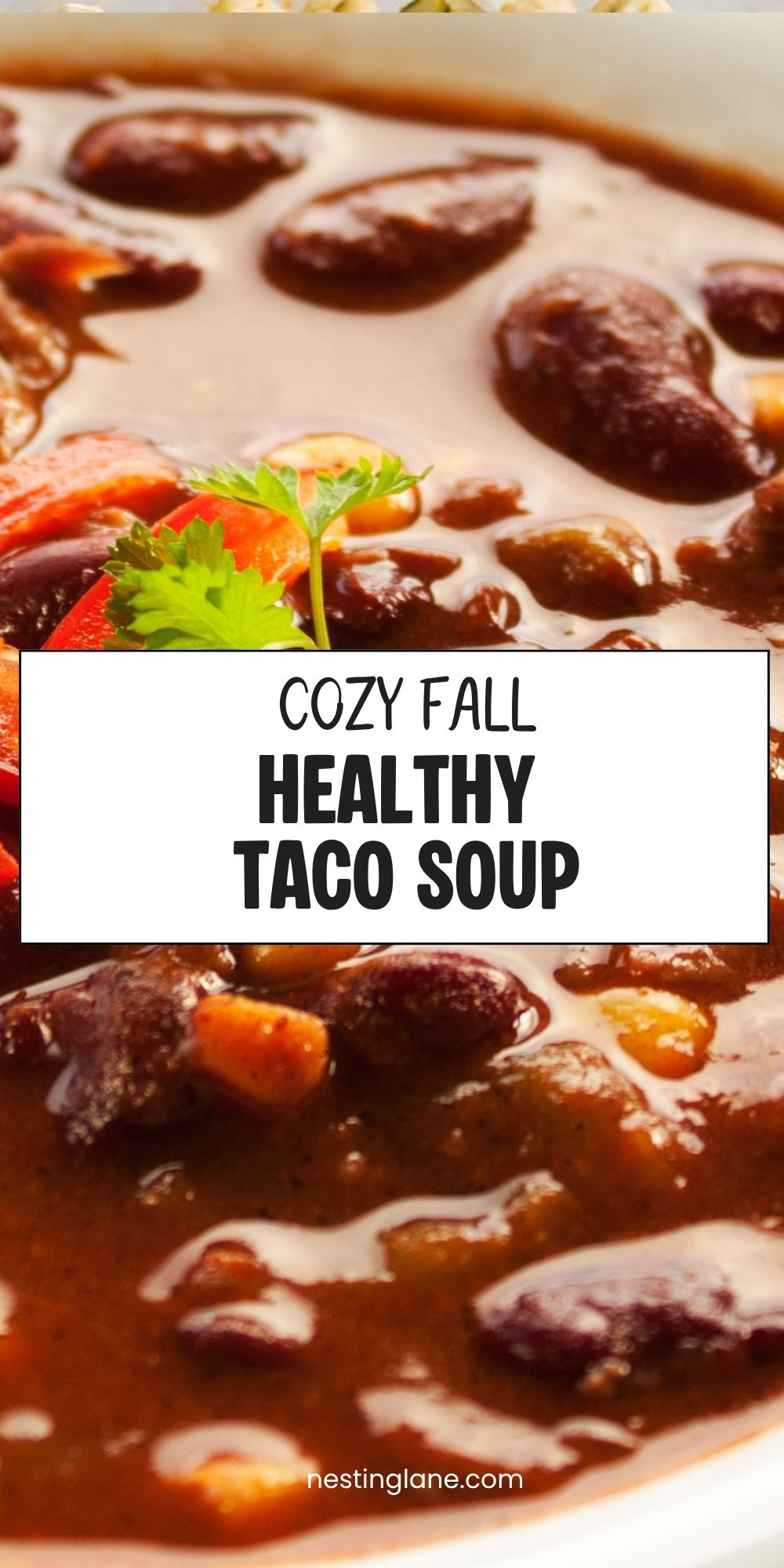 Taco soup with black beans, tomatoes, corn, red peppers, and parsley in a rich broth. Text reads “Cozy Fall Healthy Taco Soup” and “nestinglane.com.”