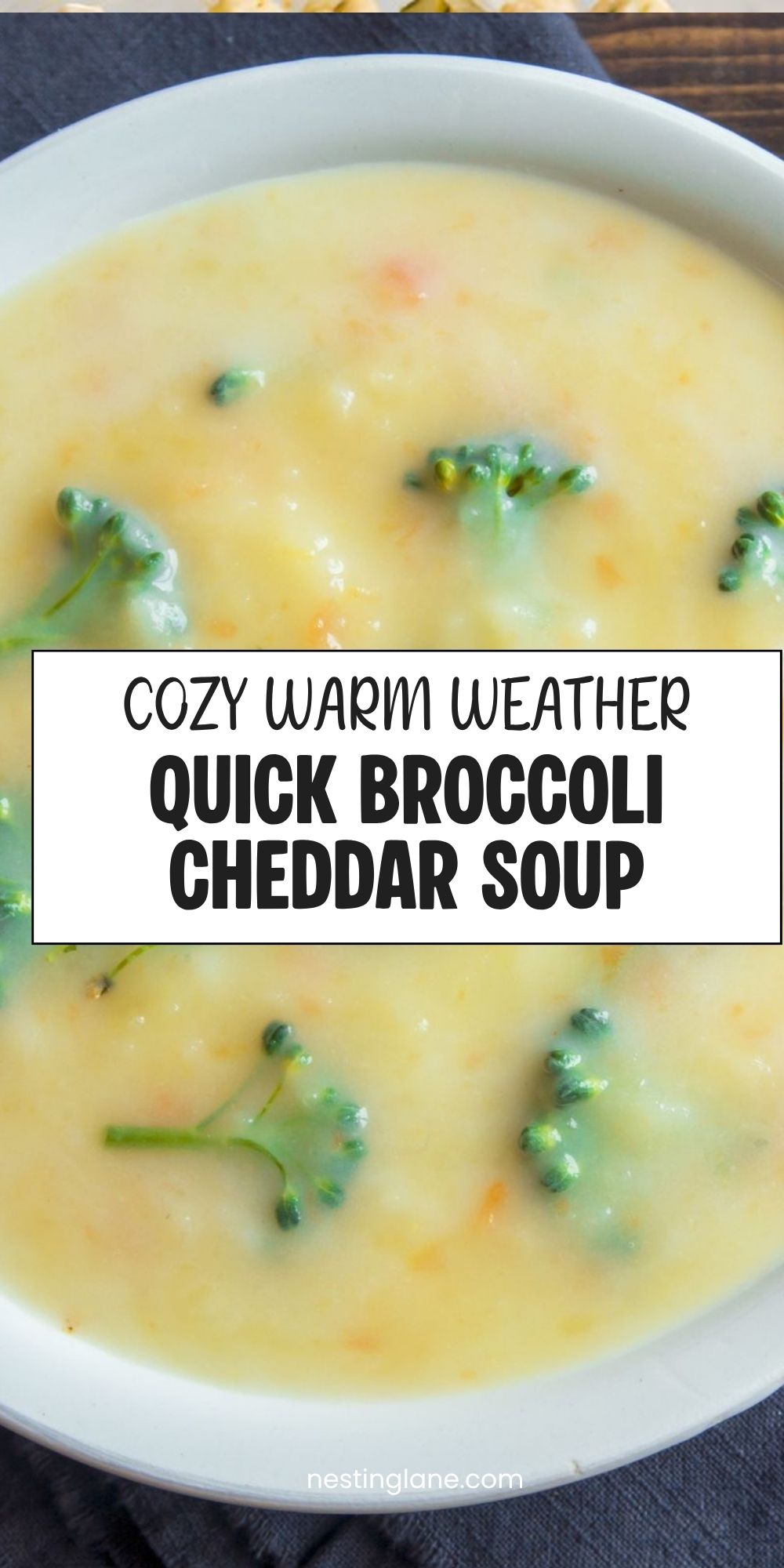 Creamy broccoli cheddar soup with broccoli florets in a white bowl. Text reads “Cozy Warm Weather Quick Broccoli Cheddar Soup” and “nestinglane.com.”