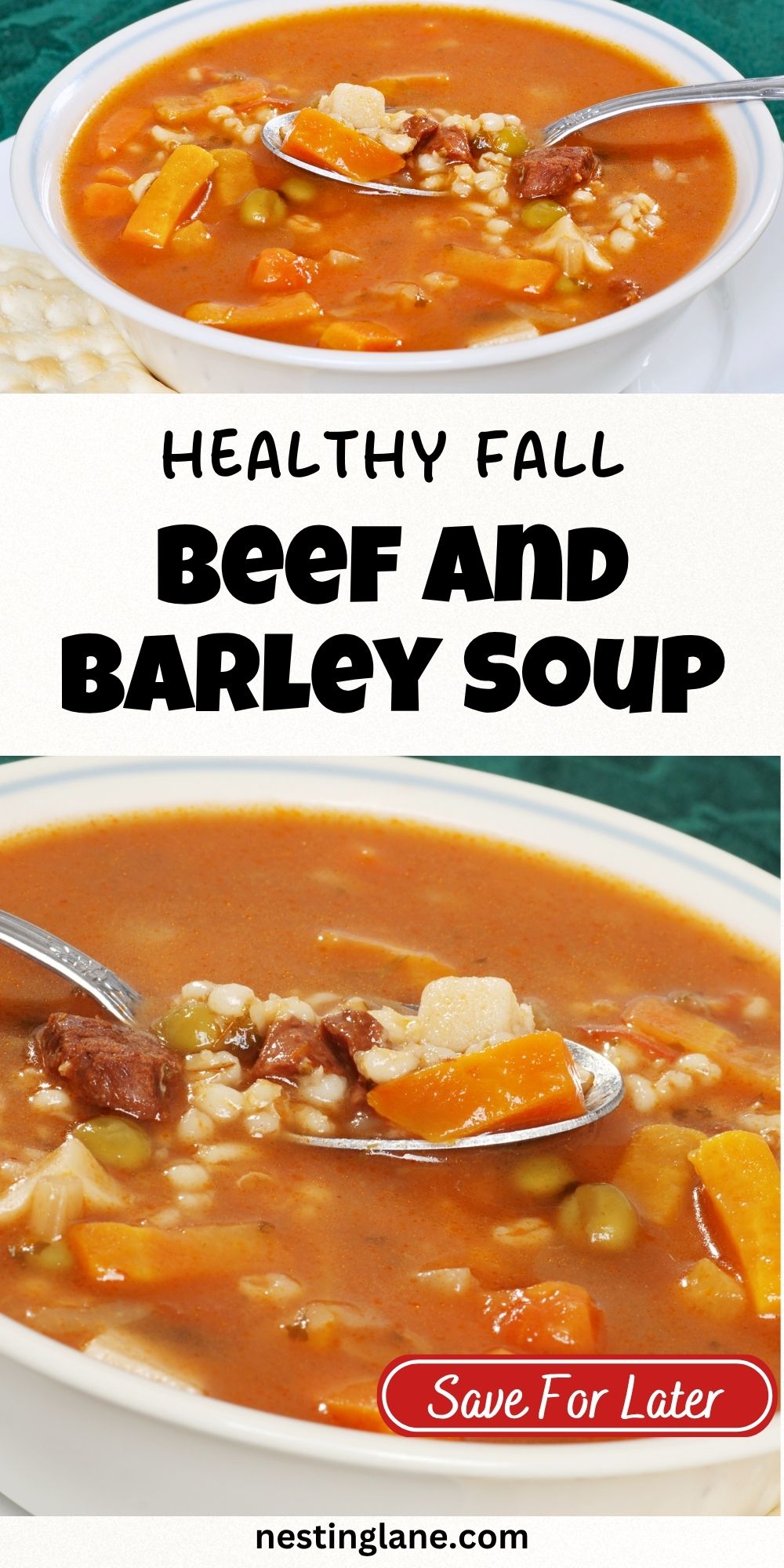 Beef and barley soup with carrots, peas, potatoes, and tender beef in a tomato broth. Text reads “Healthy Fall Beef and Barley Soup,” “Save For Later,” and “nestinglane.com.”