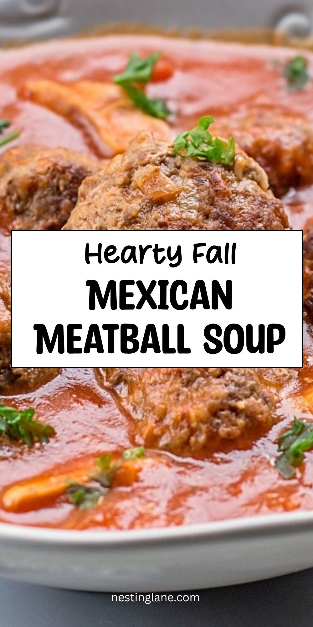 Mexican meatball soup with browned meatballs in a red tomato broth, garnished with chopped herbs. Text reads “Hearty Fall Mexican Meatball Soup” and “nestinglane.com.”