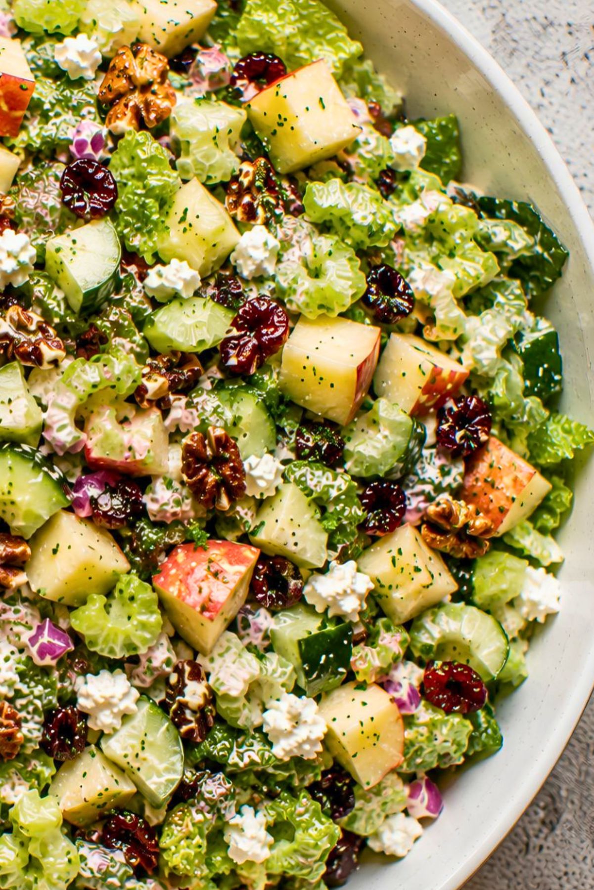 Close-up apple pecan salad with chopped romaine, red apples, cucumber, celery, dried cranberries, feta cheese, red onion, and toasted pecans coated in creamy apple cider dressing.