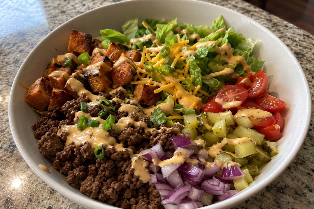 Cheeseburger sweet potato bowl with seasoned ground beef, roasted sweet potatoes, romaine lettuce, cheddar cheese, tomatoes, pickles, red onion, green onions, and creamy burger sauce in a white bowl.