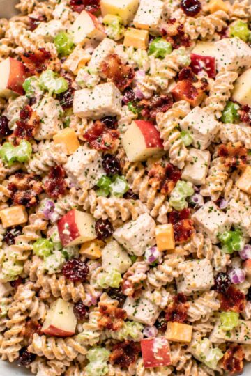 Chicken bacon apple pasta salad with whole wheat rotini, chopped chicken, crispy bacon, red apples, celery, cheddar cheese, dried cranberries, red onion, and creamy Dijon dressing.