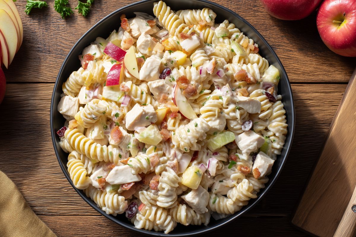 Overhead view of chicken bacon apple pasta salad with rotini, chicken, red apples, celery, cranberries, red onion, bacon, and creamy dressing on a rustic wooden table.