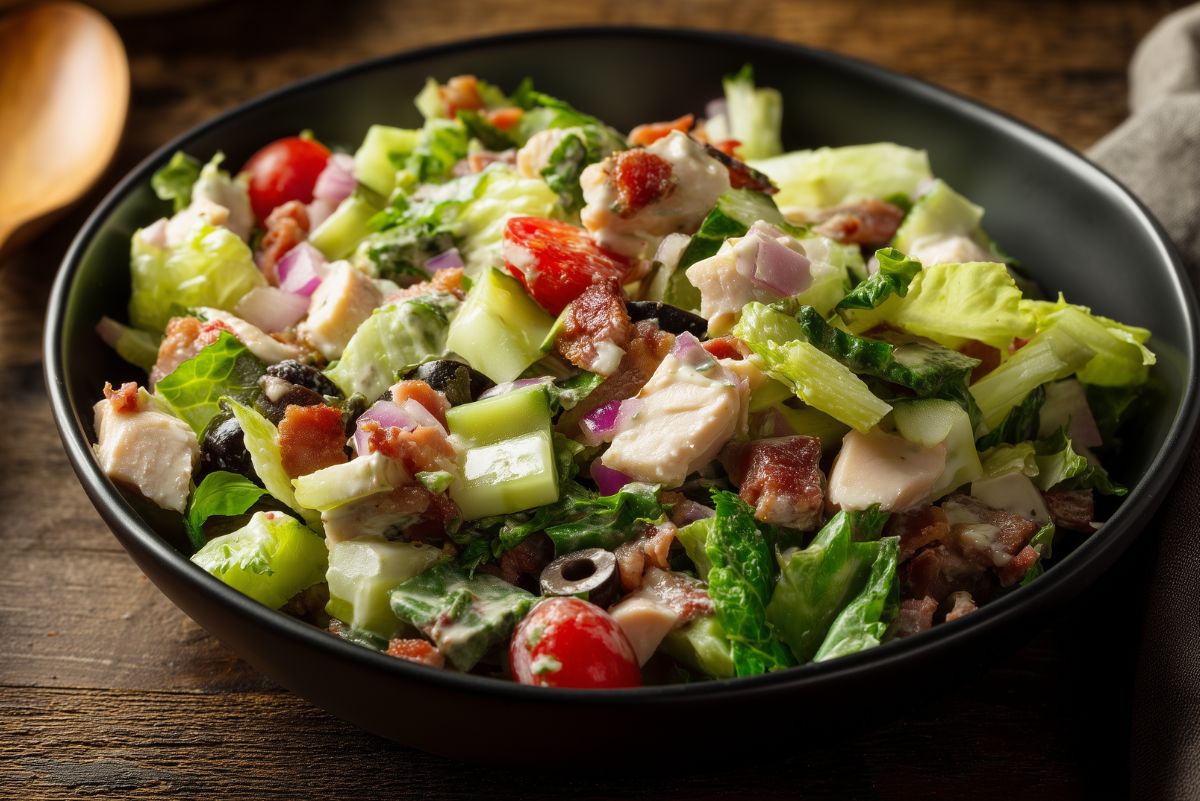 Chicken bacon grinder chopped salad with chicken, bacon, lettuce, cucumbers, tomatoes, red onion, black olives, and creamy dressing in a black bowl.
