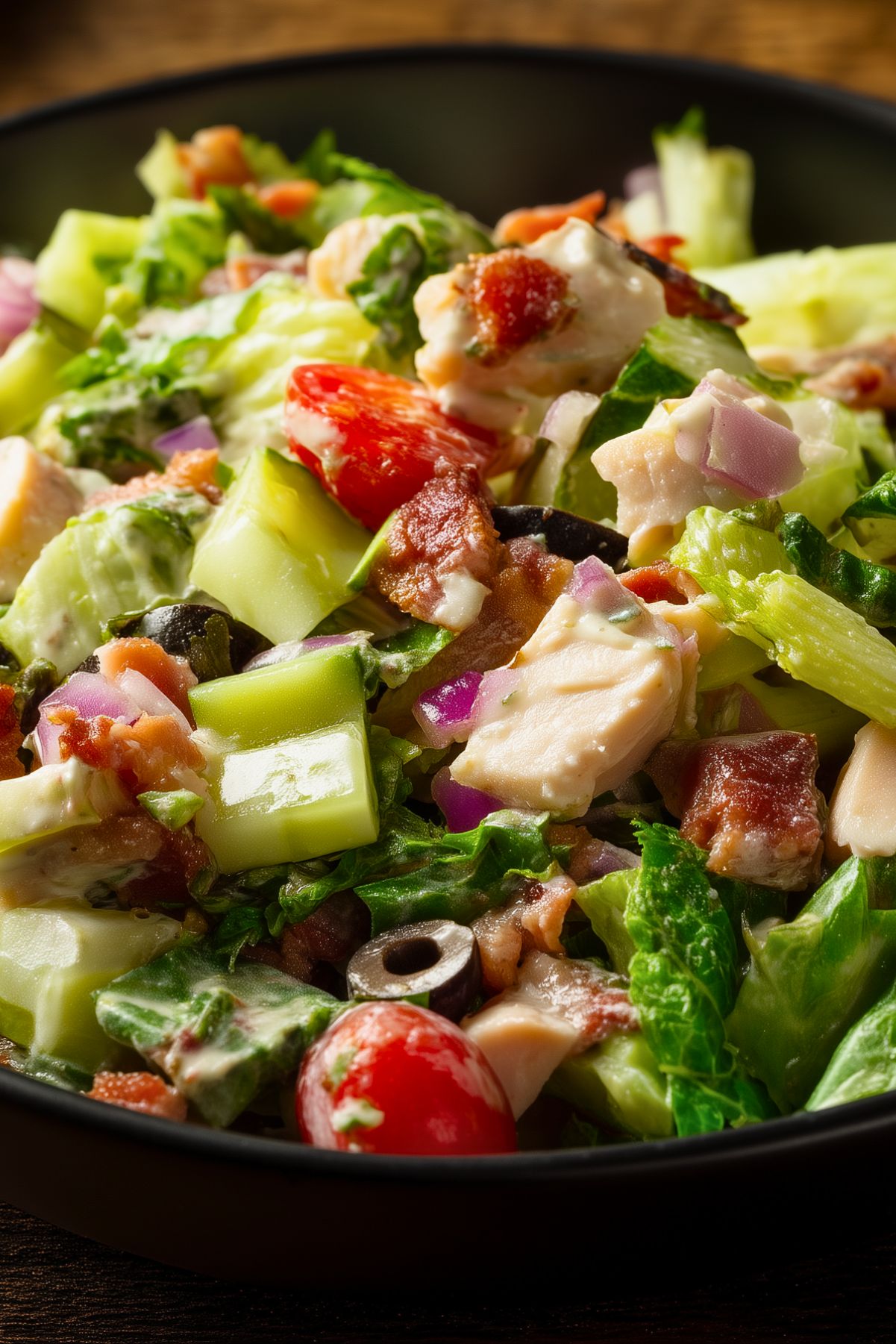 Close-up of chicken bacon grinder chopped salad with chicken, crispy bacon, romaine lettuce, cucumbers, cherry tomatoes, red onion, black olives, and creamy dressing.