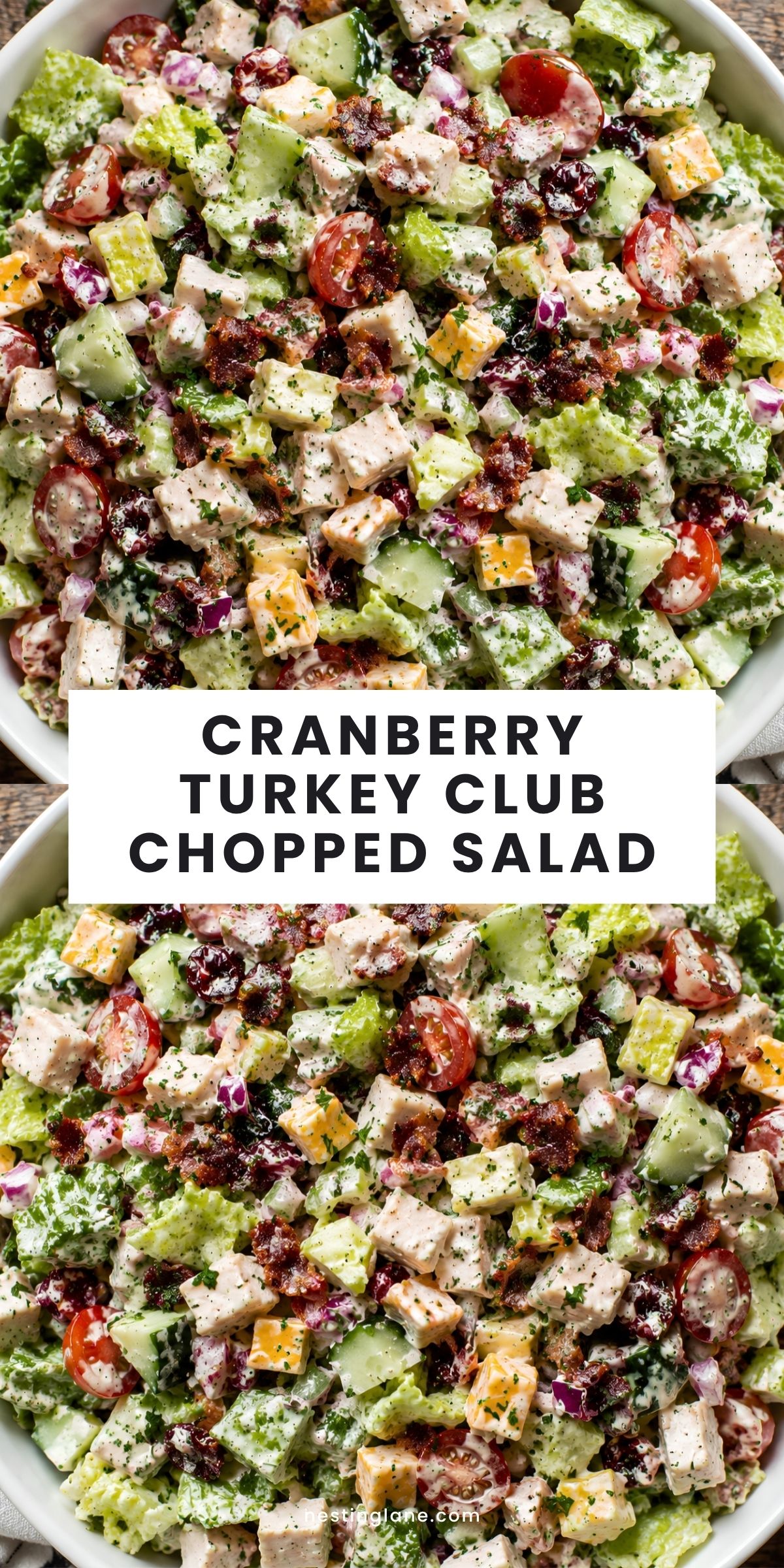 Two bowls of creamy cranberry turkey club chopped salad with romaine, turkey, bacon, cheddar, cucumbers, cherry tomatoes, red onion, and dried cranberries. Text reads “Cranberry Turkey Club Chopped Salad” and “nestinglane.com.”
